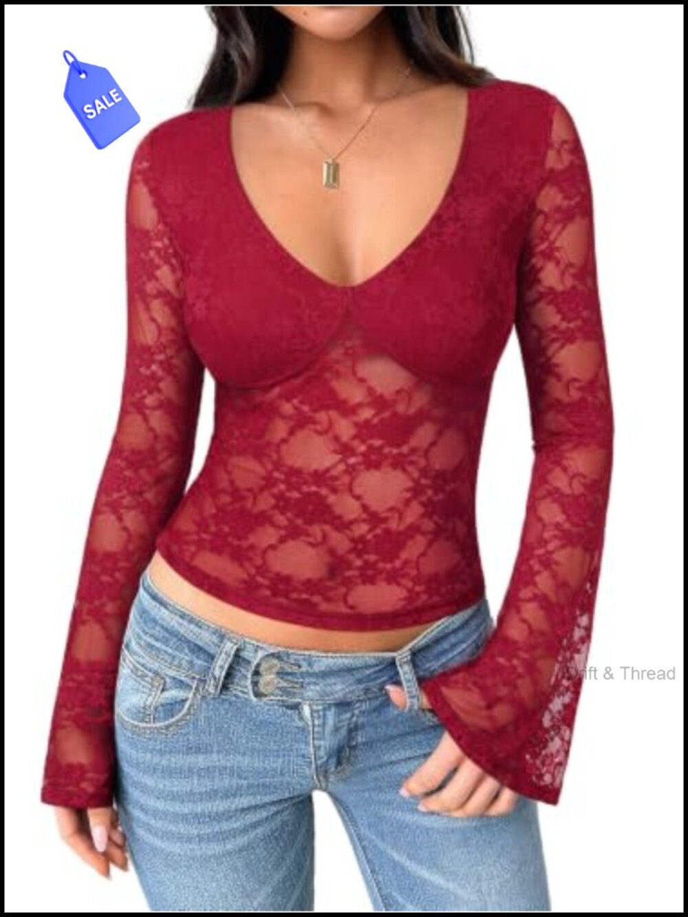 Lace Bell Sleeve V-Neck Fitted Blouse Top Women Going Out Y2K Flared Cuff